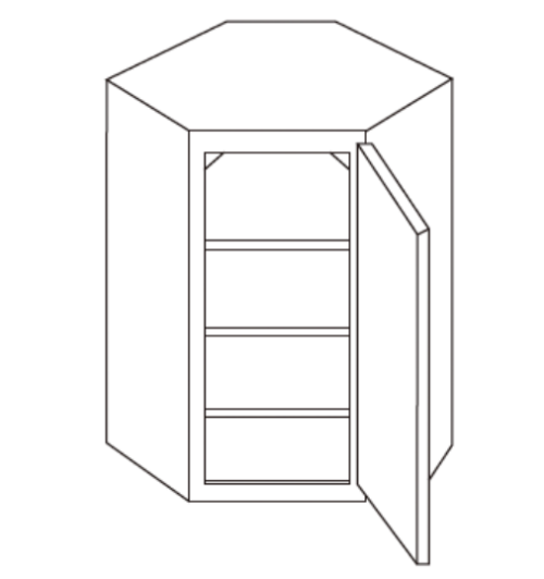 Line drawing of a corner cabinet with an open door and shelves.